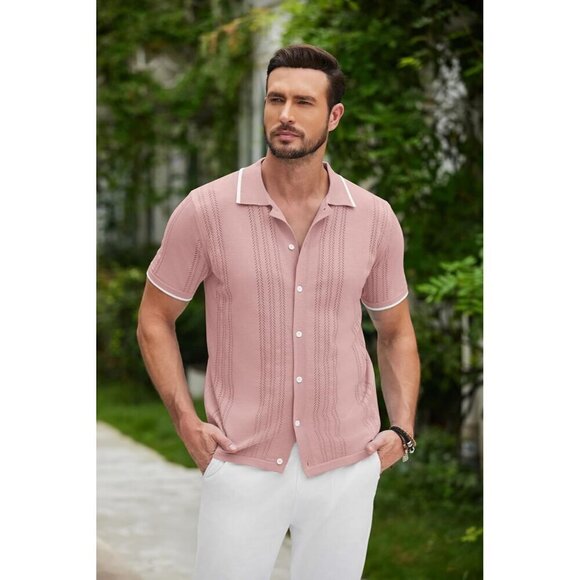 ❤️Men's Pink Button Down Shirt Vintage Short  Sleeve Shirts Casual Beach Tops - Picture 2 of 6